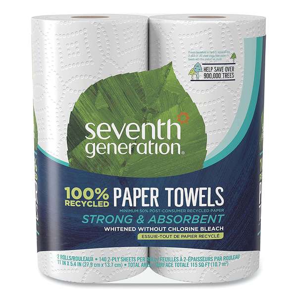 Seventh Generation Perforated Roll Paper Towels, 2 Ply, 140 Sheets, White, 24 PK 13730